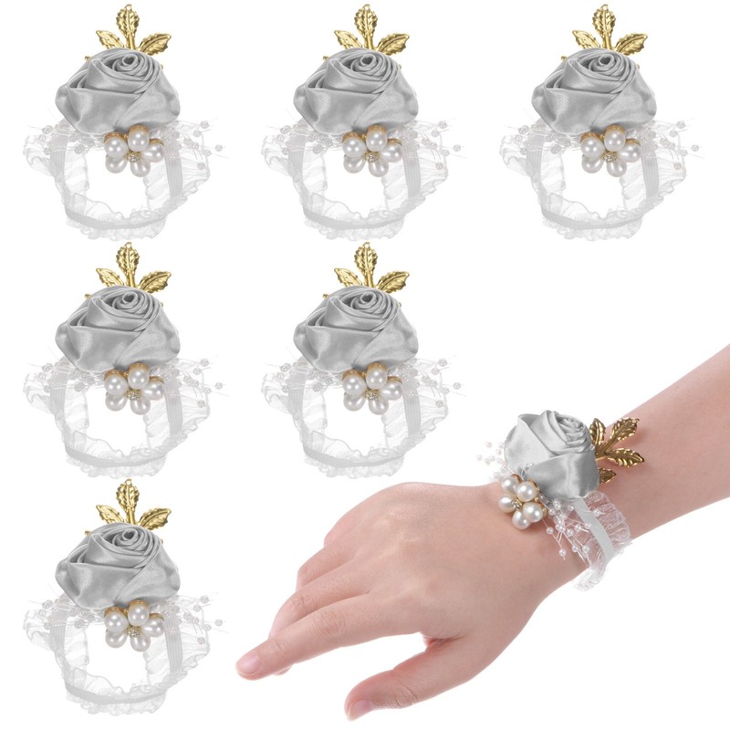 6-Pack Wrist Corsage Bracelets, Artificial Wrist Corsages Band [Light Gray]