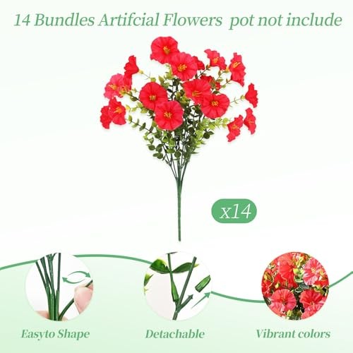 14 Bundles Artificial Flowers for Outdoor, Faux Flowers Silk Morning Glory Red gallery