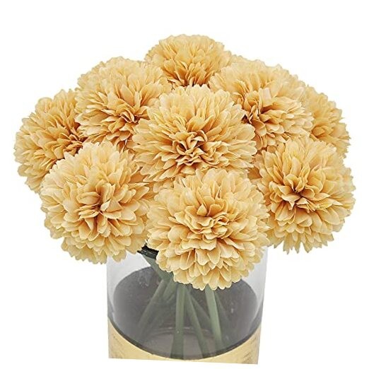 10Pcs Artificial Fake Flower Plants Silk Chrysanthemum Ball Hydrangea Beige