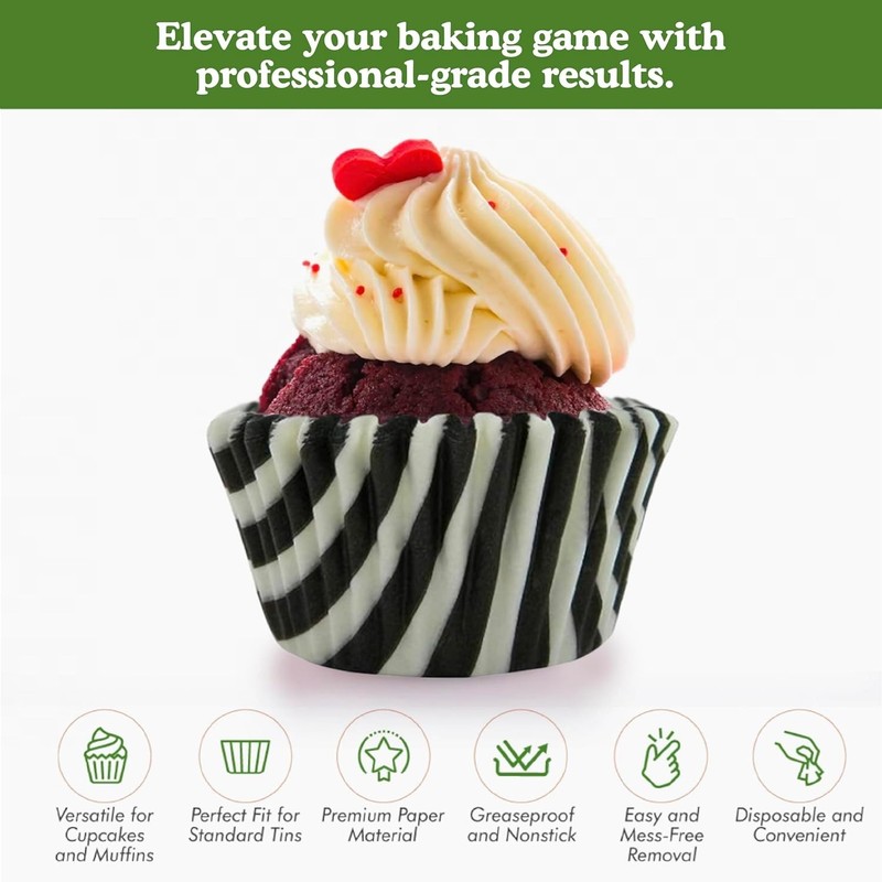 40 Disposable Greaseproof Baking Cups - Stylish Black/White Stripes for Events gallery