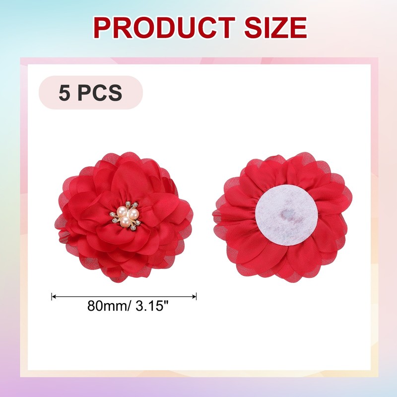 3.15 Inch Rhinestone Chiffon Flower, 5 Pcs Fabric Appliques, Red gallery