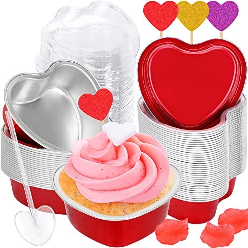 Heart Shaped Cake Pans 3.4oz Red Mini Aluminum Foil Baking Cups with 60 Pack gallery
