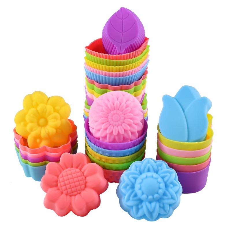 36Pcs Silicone Cupcake Liners, Multi Flower Shapes Baking Cups, 2 Inch Mini S…