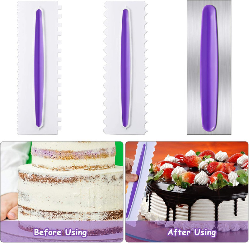3 Pcs Cake Scraper Cake Decorating Comb Set, Stainless Steel Icing Smoother with gallery