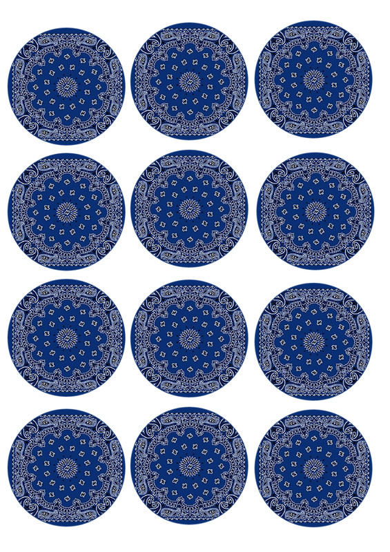 set of 12 blue bandanna, edible paper, cupcake cookie toppers CHOOSE SIZE