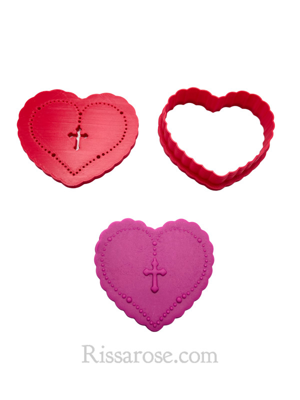 Rosary cross cookie cutter Heart shaped baptism Fondant debosser Christening