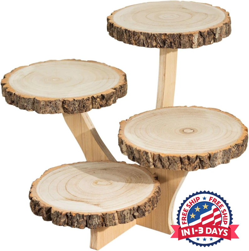 Soporte redondo de madera natural para postres y cupcakes de 4 niveles 15 Inches