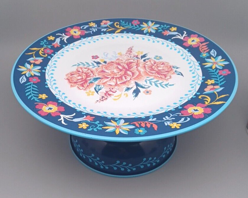 Pioneer Woman Keepsake Floral Cake Stand Blue Tin Metal 11.75”