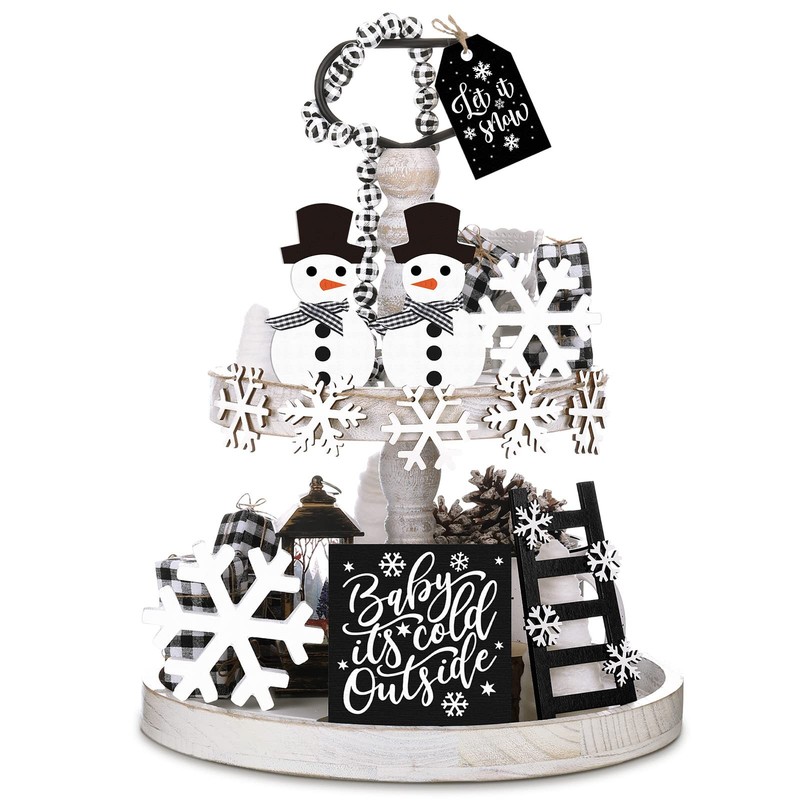 Yalikop 12 Pcs Winter Tiered Tray Decor Set Snowman Style, Black White