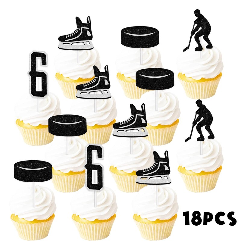 18pcs Black Glitter Ice Hockey Athletes Dessert Cupcake Topper 6 Years gallery