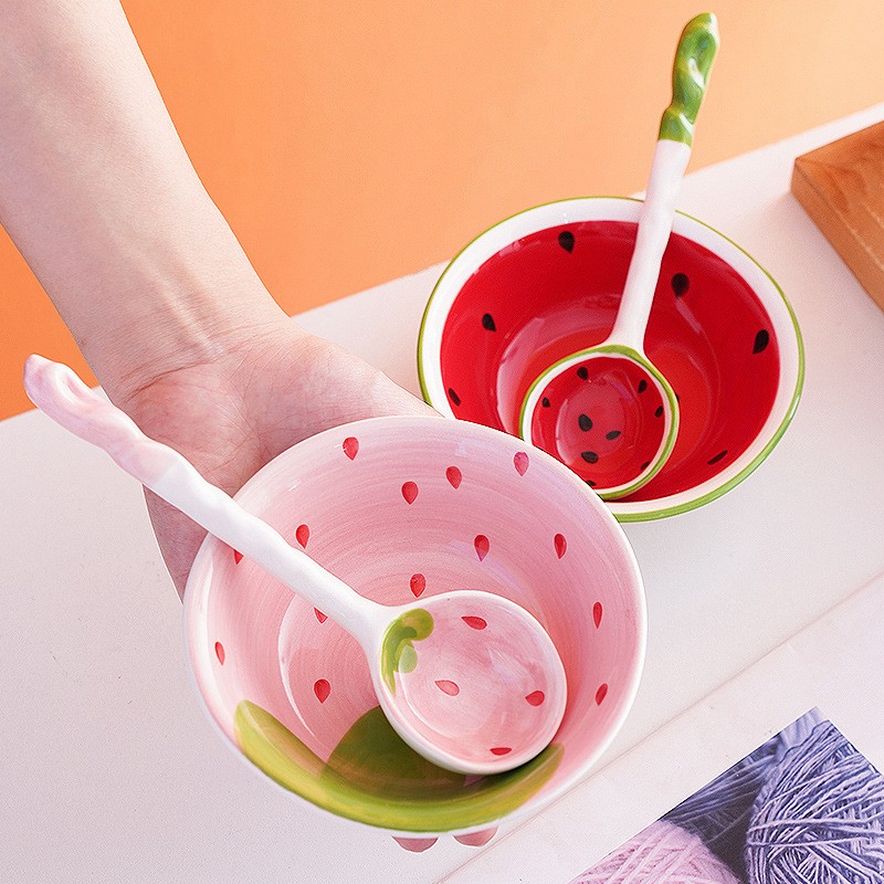 Strawberry Watermelon Shaped Bowl Spoon Ceramic Fruit Pattern Spoons Bowl gallery