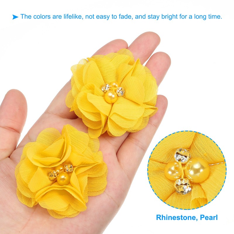 30Pcs 2" Chiffon Flower with Rhinestone Pearl Appliques Embellishments Yellow gallery