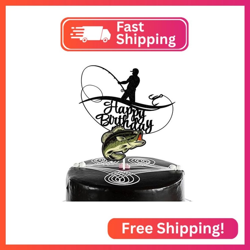 Fisherman Birthday Cake Topper, Angler Shakes His Rod and Catches a Big Fish Cak