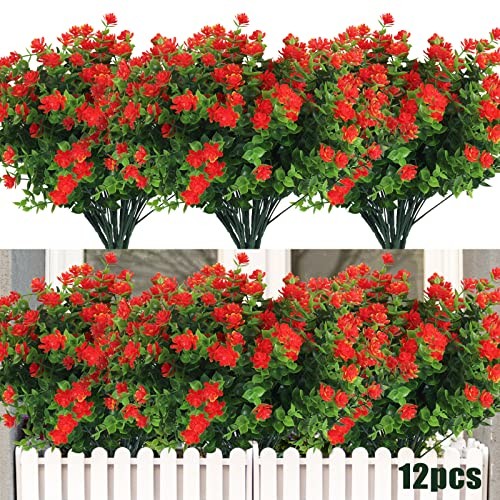 12 Bundles Artificial Fake Flowers, Faux Outdoor Plastic 12 Pcs Orange Red gallery