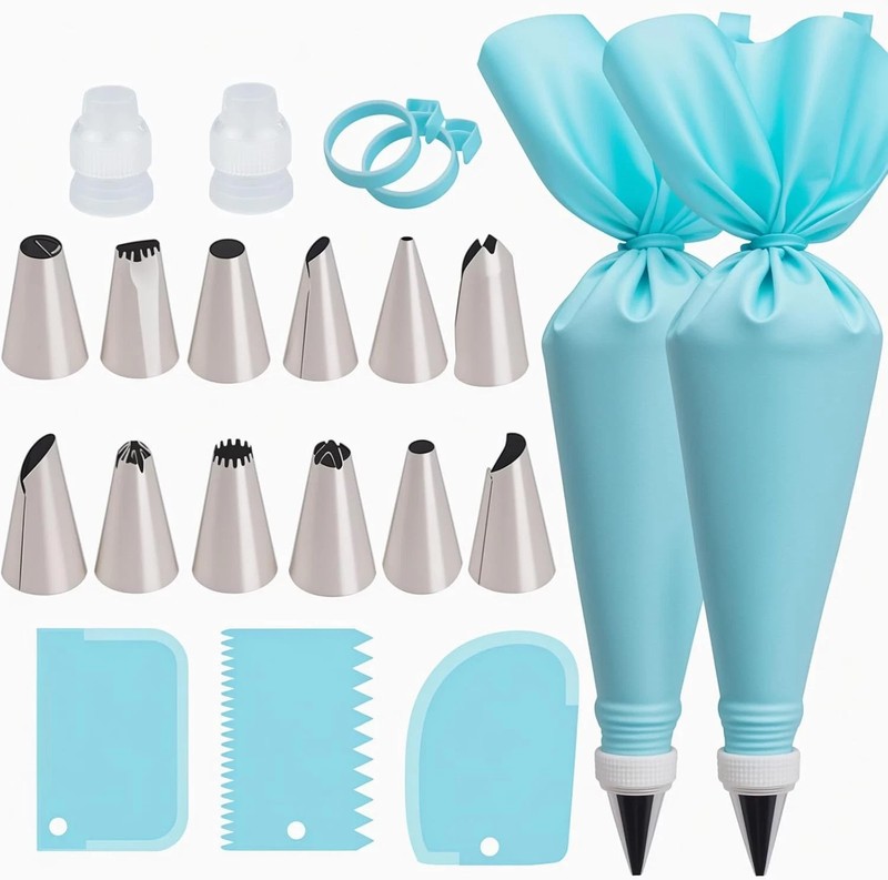Piping Bags and Tips Set, 2 Reusable Bags, 12 Icing Tips, 2 Couplers, 3 Scrapers