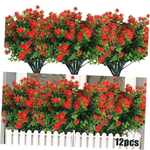 12 Bundles Artificial Fake Flowers, Faux Outdoor Plastic 12 Pcs Orange Red