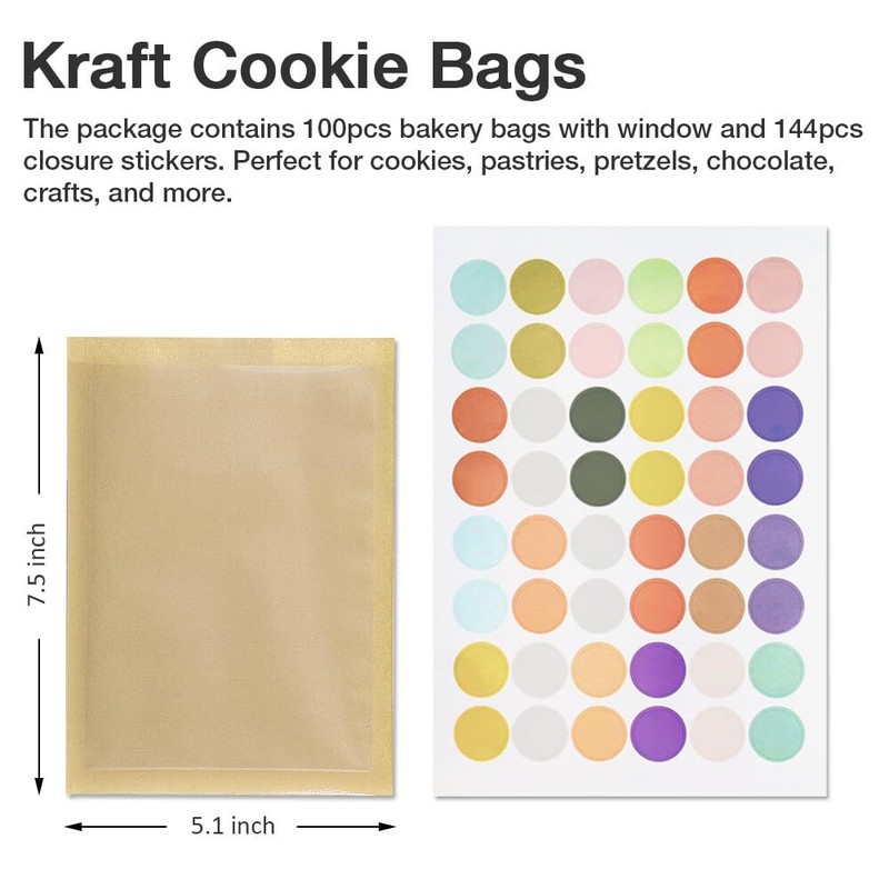 100-PCS Brown Paper Bakery Bags with Window 5.1x7.5 inch for Cookies Pastry gallery