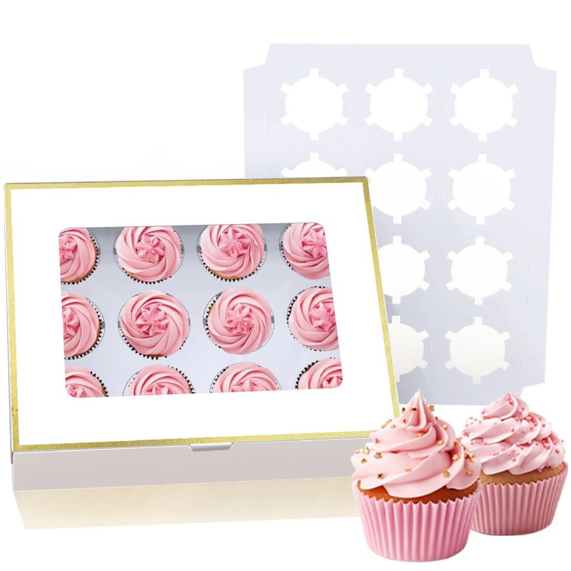 (15 Pack) Gold-Trimmed Cupcake Boxes – 12 Count Cupcake Containers with Remov…