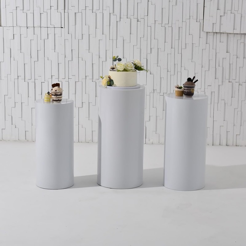 Set of 3 Metal Cylinder Display Pedestals White Cake Dessert Stand Party Wedding gallery