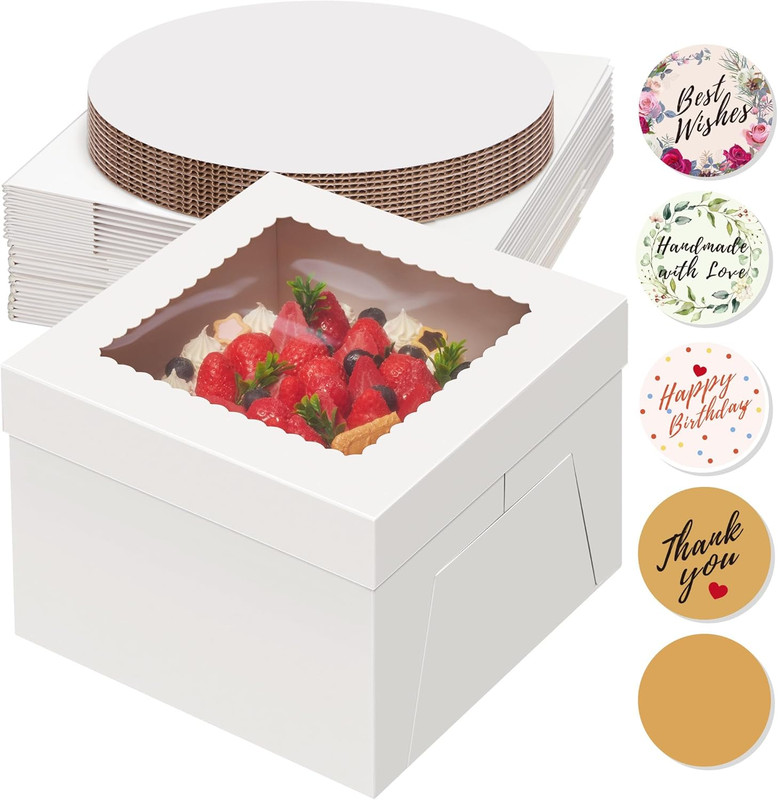10 Sets Cake Boxes with Cake Boards, 10X10X8 Inch White Tall Cardboard Contai…