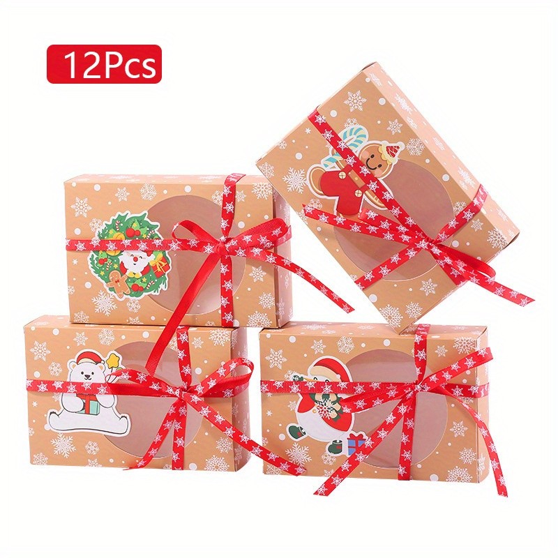 12PCS Kraft Paper Window Cookie Boxes w/Ribbon Christmas Candy Treat Storage Tin