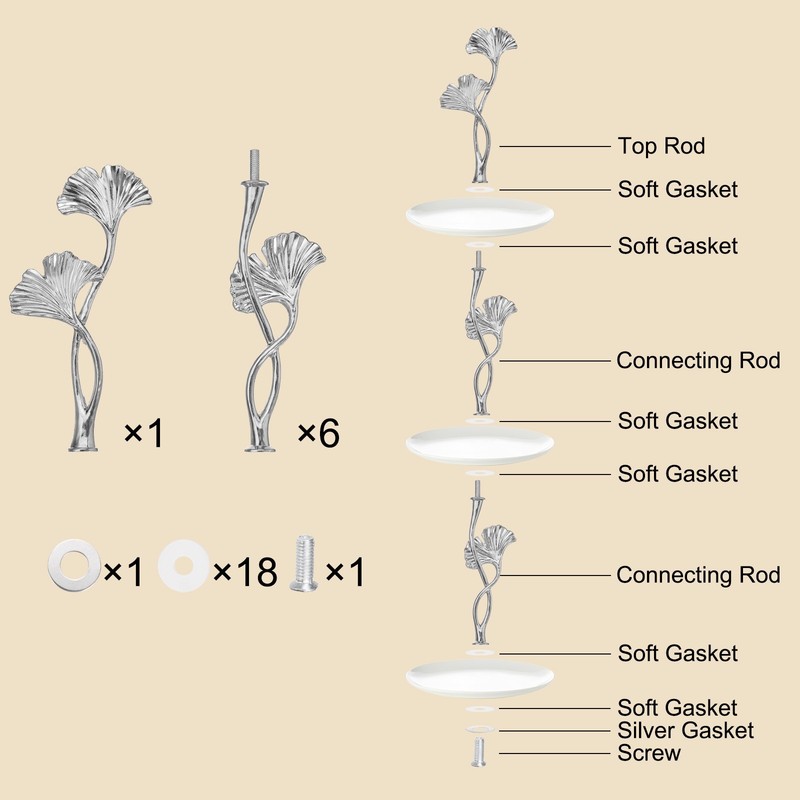 3 Tier Cake Tray Stand Handle 3 Set Metal Holder for Cake Plate, Silver (Flower) gallery