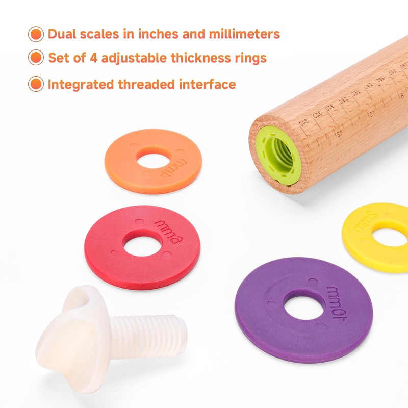 Wooden Rolling Pin with Thickness Rings and Pastry Baking Mat, Pizza, Cookie,... gallery