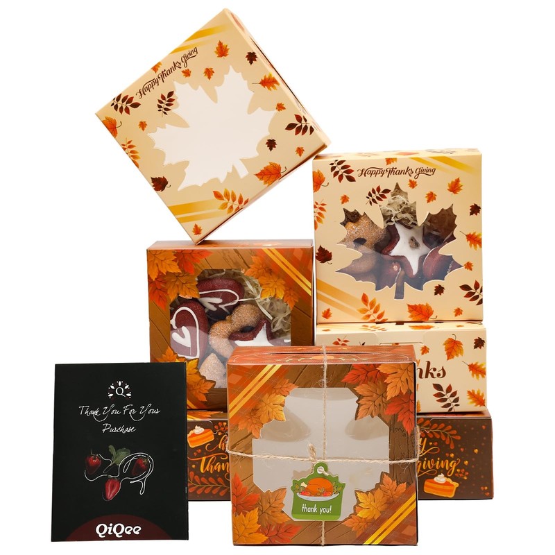 Thanksgiving Bakery Box with Window 36packs 6x6x3 Gold Leaves Cookie Boxes Pa...