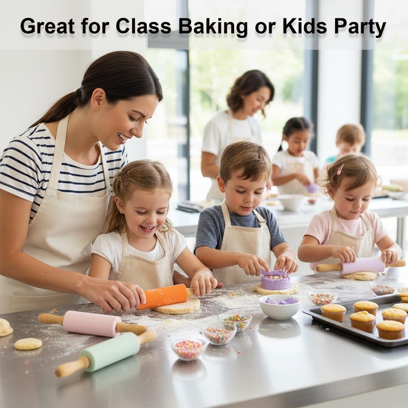 10 PCS 9 Inch Small Silicone Rolling Pins Kids Wooden Handle Baking Dough gallery