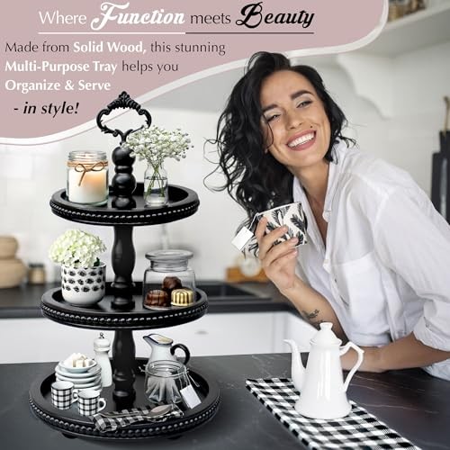 3-in-1 Wooden Tiered Tray Stand - Beaded 3 Tiered Tray Decor - 3-Tier Black gallery