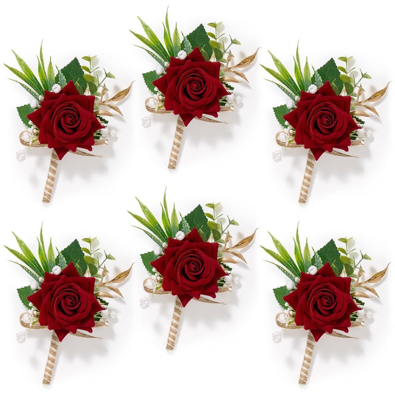 Serwalin 6Pcs Burgundy Rose Boutonniere For Men Wedding Groom Groomsmen Best