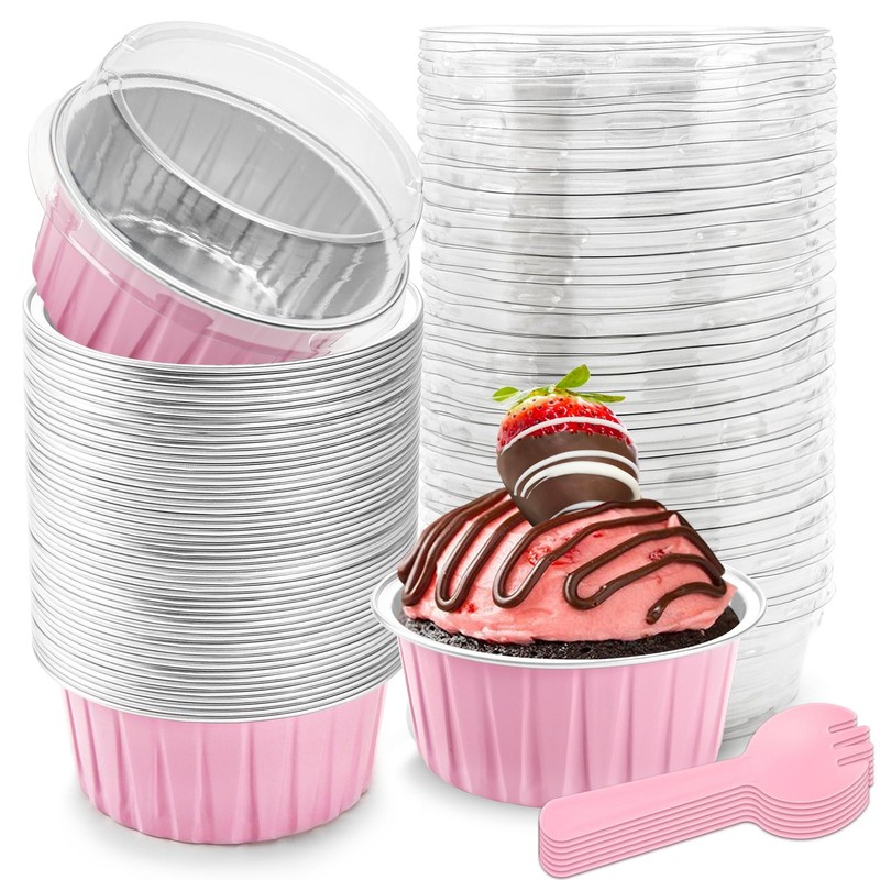 NPLUX Dessert Cups with Lids, 50 Pack Pink 5oz for Birthday Treats