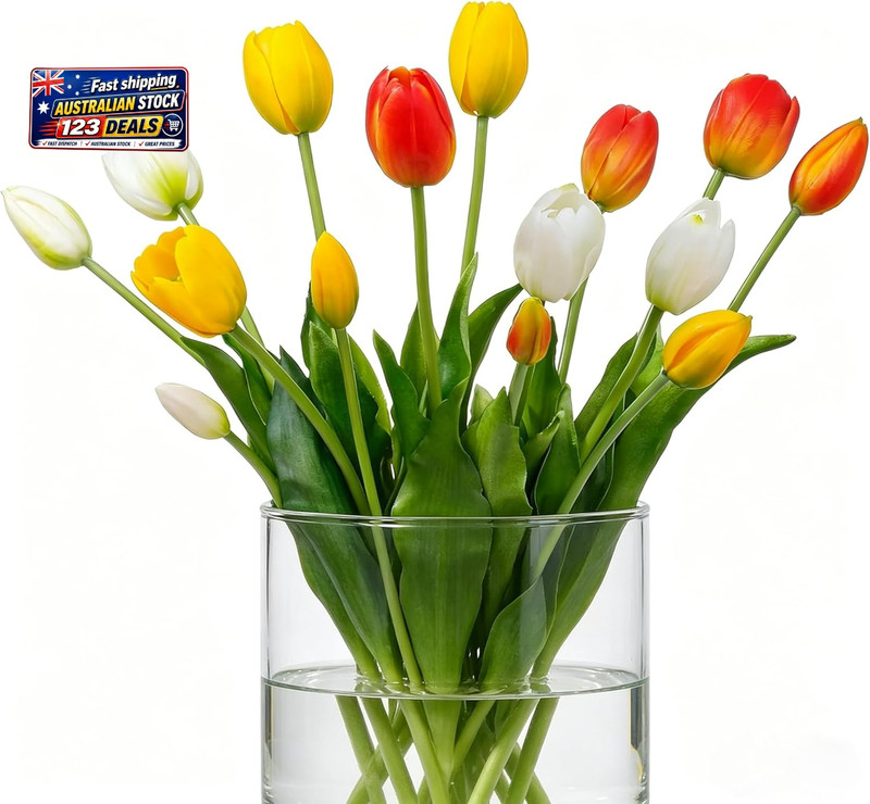 15Pcs Artificial Tulips Real Touch Fake Flowers, White Yellow Orange for Decorat
