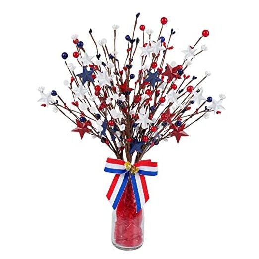 4 Pack Patriotic Artificial Berry Stem Picks Patriotic White Blue Red Stars