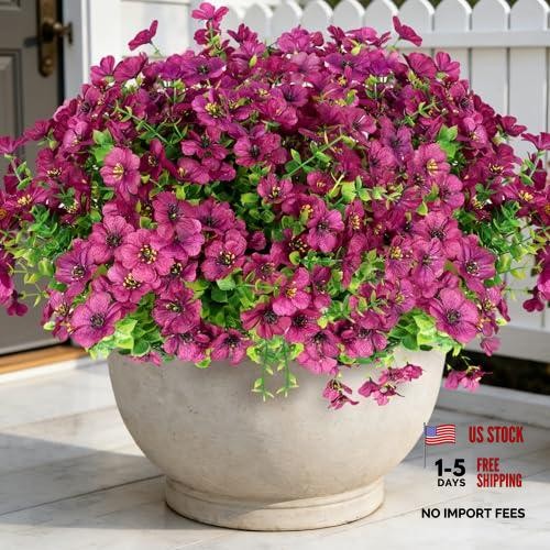 Artificial Flowers for Outdoors, 16 Bundles UV Resistant Fake Outdoor Fuchsia