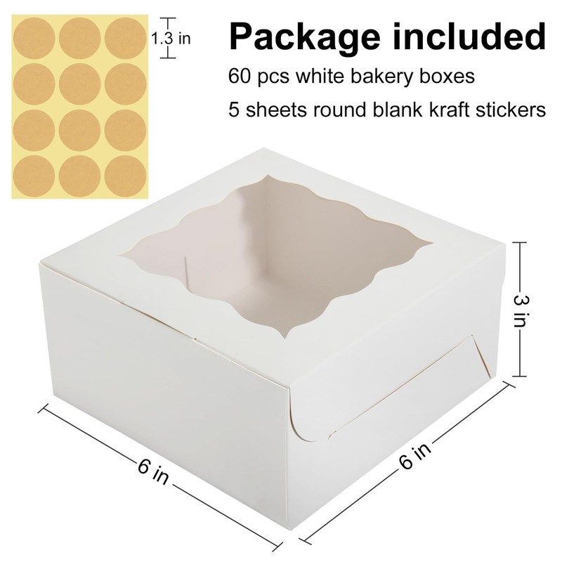 60 Pcs Bakery Boxes with Window, 6 x 6 x 3 Inches, White Cookie & Pastry Boxe... gallery