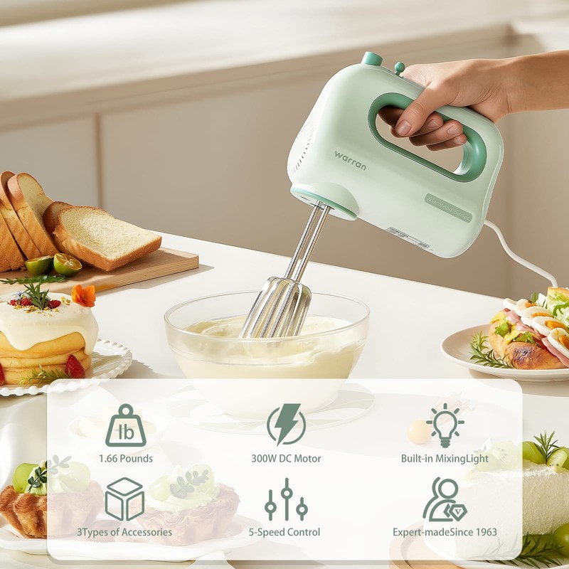 300W Compact Lightweight Hand Mixer, with Powerful Quiet DC Motor for Baking,... gallery