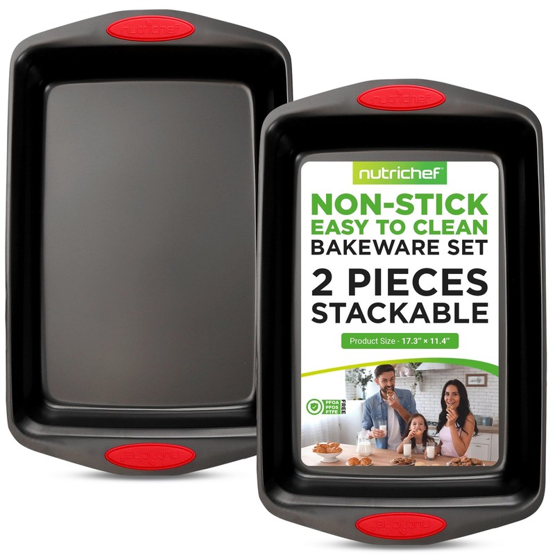 Nutrichef 2-Piece Nonstick Baking Pan Set Steel Cookie Sheet W/Red Silicone