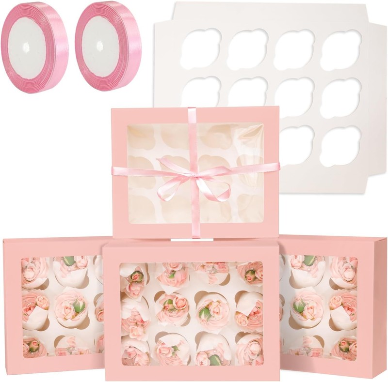 Cajas cupcakes 12 cavidades 40pcs ventana rosa con cintas