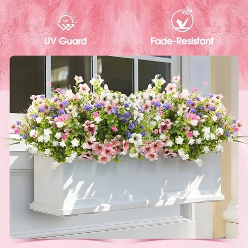 Fake Flowers for Outdoor UV Resistant 24 pcs Pink ＆ White （with Green Ferns） gallery