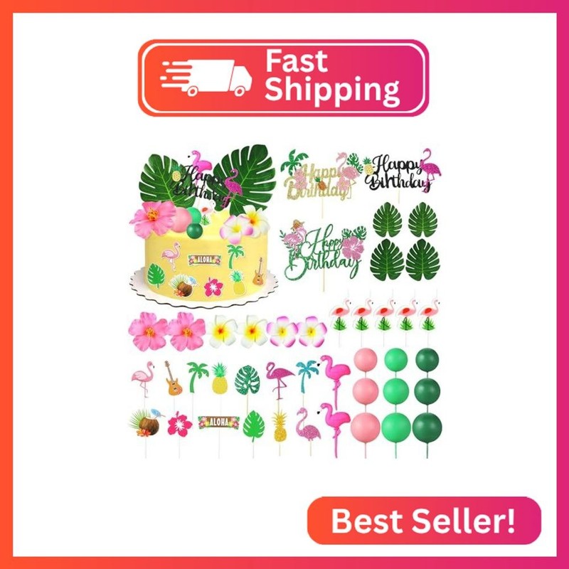 Tallew 42 PCS Hawaiian Cake Topper Flamingo Cake Decorations Summer Hibiscus Flo