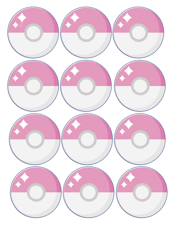 12 Pokemon pink Pokeballs edible paper, cupcake cookie toppers CHOOSE SIZE