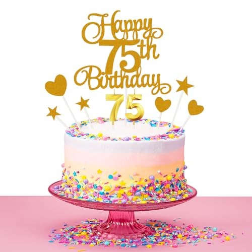 75th Happy Birthday Cake Decoration, 75th Birthday Candle Glitter Cake Golden gallery