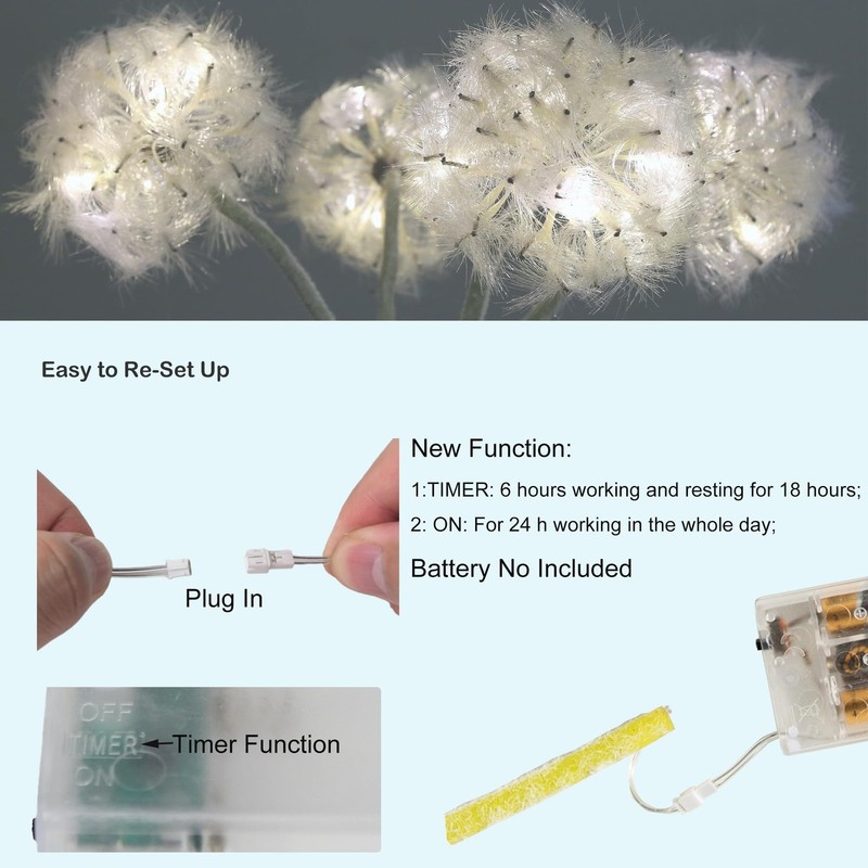TOPIA Artificial Dandelion Flowers with LED Lights Timer 4, White Led gallery