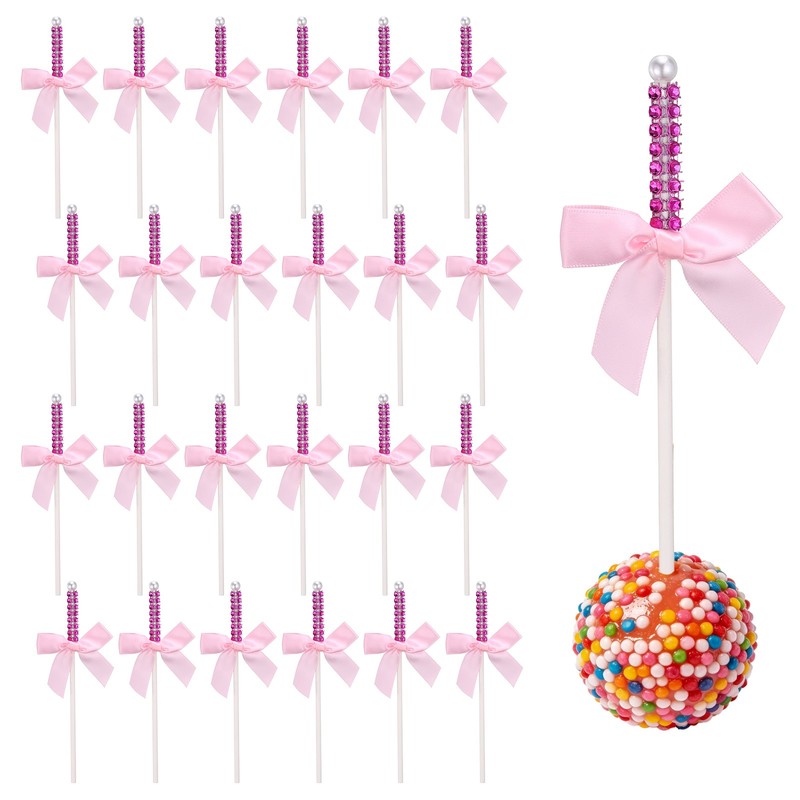24 Pcs Bling Rhinestone Cake Sticks, Bow Lollipop Cake Toppers Pick, Rose Red