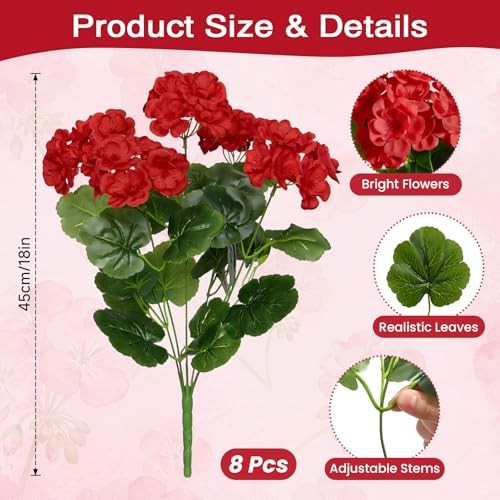 Pcs Artificial Geranium Flowers for Outdoors Decoration Silk Floral, UV 8 Red gallery
