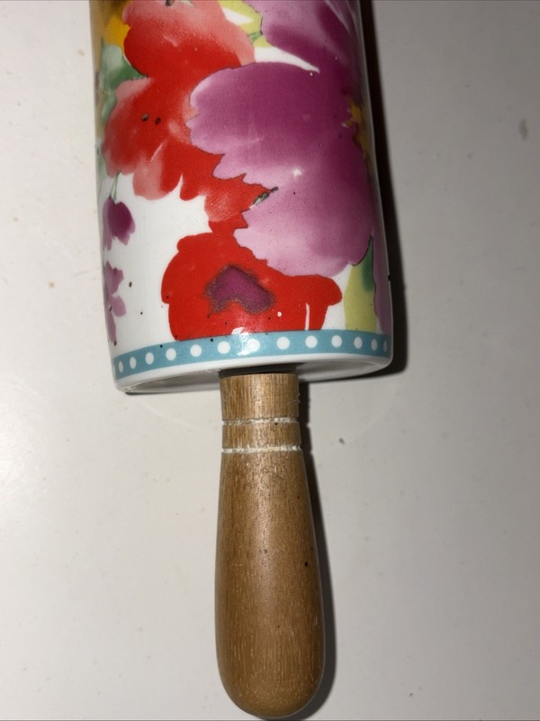 Pioneer Woman Ceramic Rolling Pin ~ Breezy Blossoms~ Acacia Wooden Handles gallery