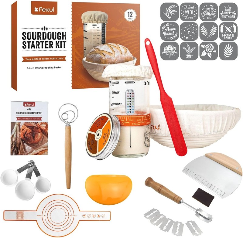 Sourdough Starter Kit with 9 Inch Banneton Bread Proofing Basket, 24oz