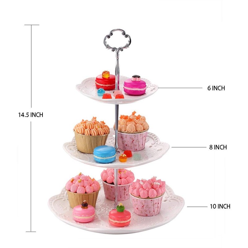 3-Tier Porcelain Cupcake Stand Serving Tray - White Embossed Elegant Dessert ... gallery
