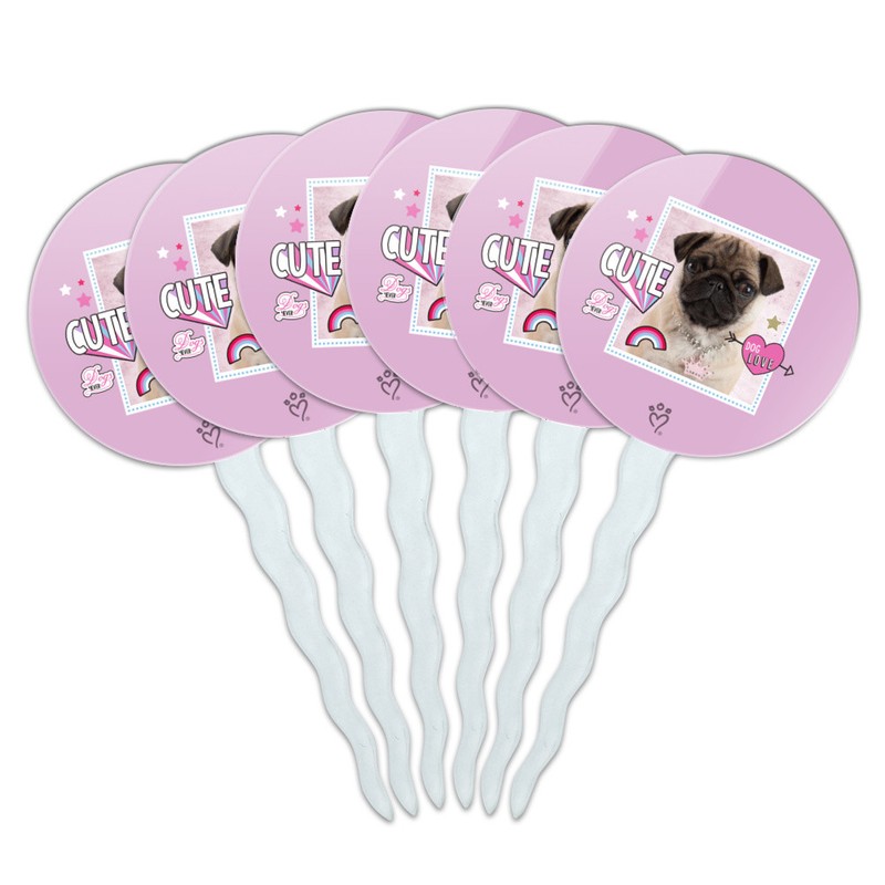 Cute Pug Puppy Dog Love Cupcake Picks Toppers Decoration Set of 6